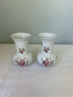 White Porcelain Pink Rose Bud Vase Pair